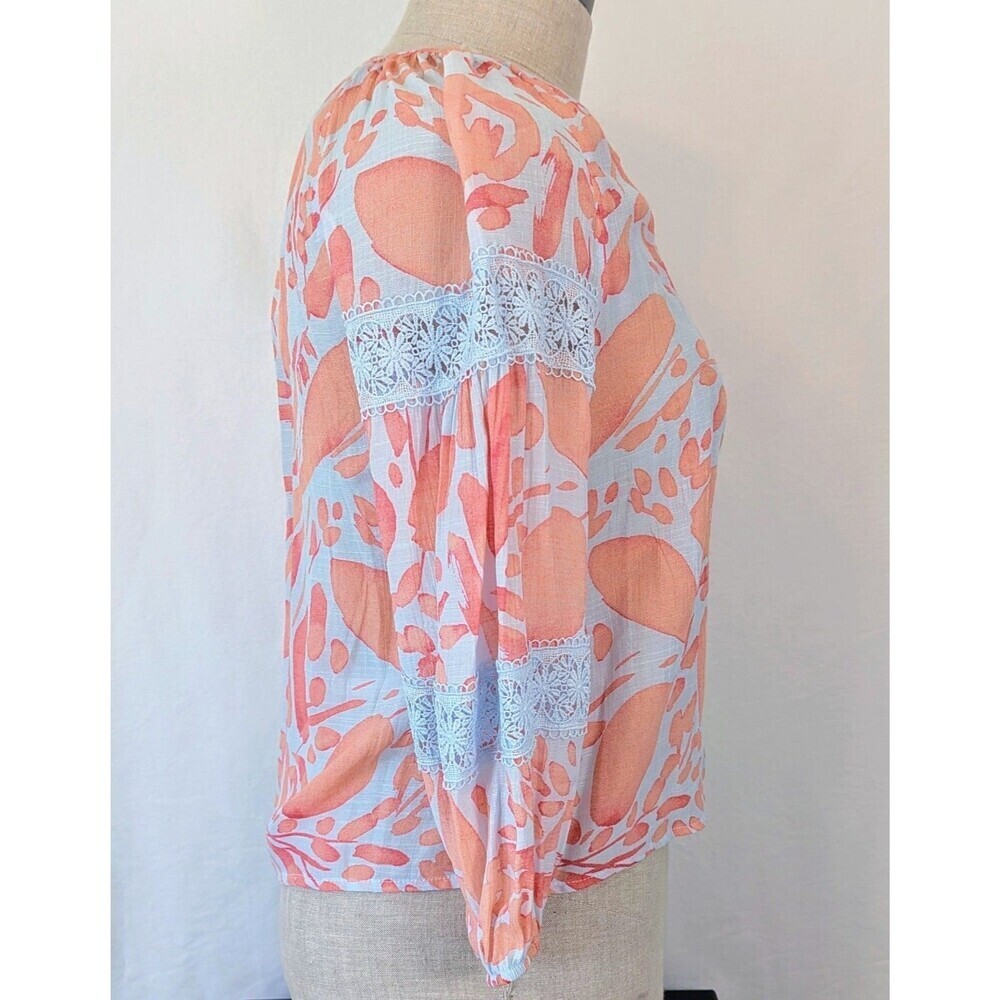 NWT Sharagano Petite M Floral Lace Sleeve Blouse Blue Orange Rayon Blend - Picture 3 of 9